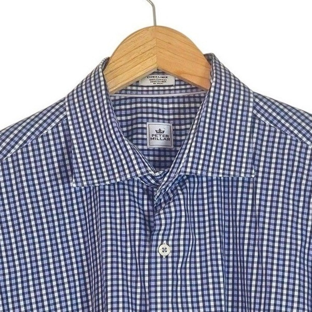 Peter Millar Button Down Shirt Men's Blue White Gingham Long Sleeve Cotton XL